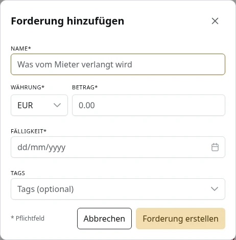 Das Formular für eine neue Forderung.