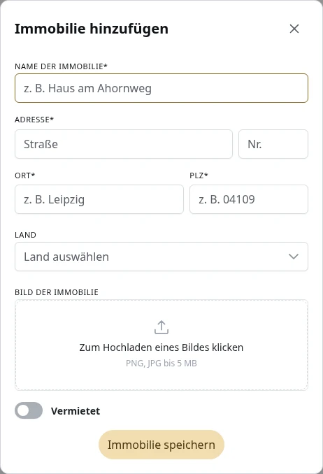 Das Formular für eine neue Immobilie.