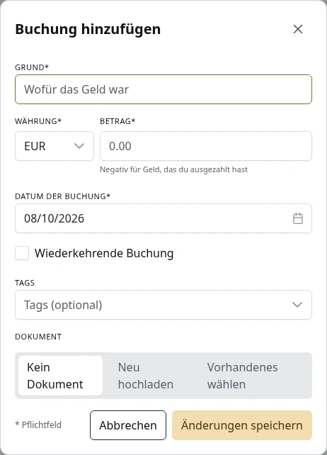 Das Formular für eine neue Buchung.