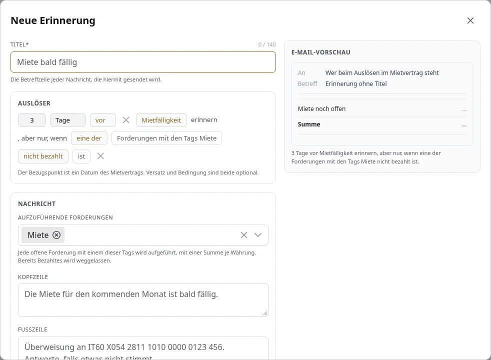 Eine neue Erinnerungsvorlage mit E-Mail-Vorschau.