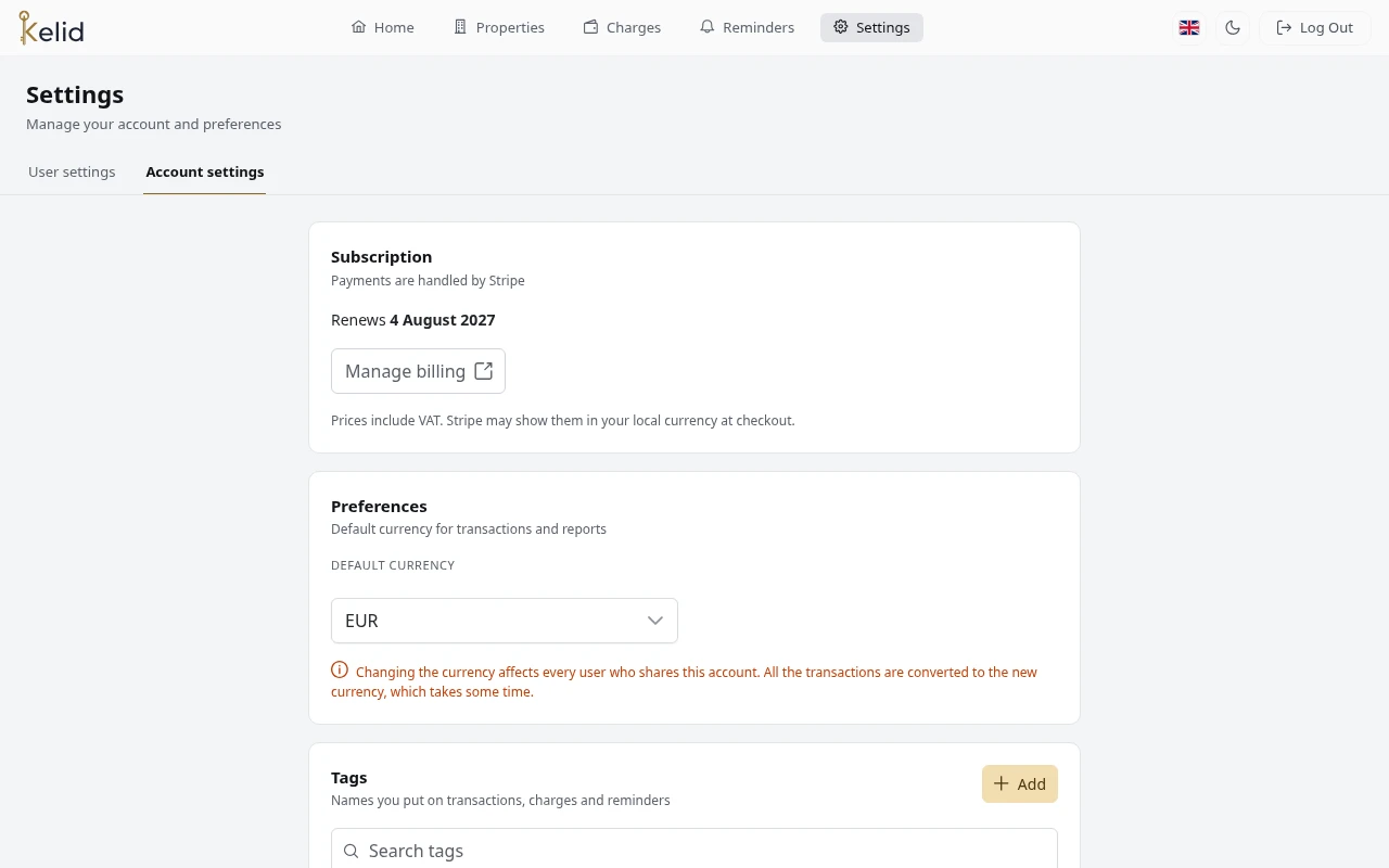 Account settings: subscription, currency, tags, document tags and users.