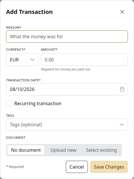 The form for a new transaction.