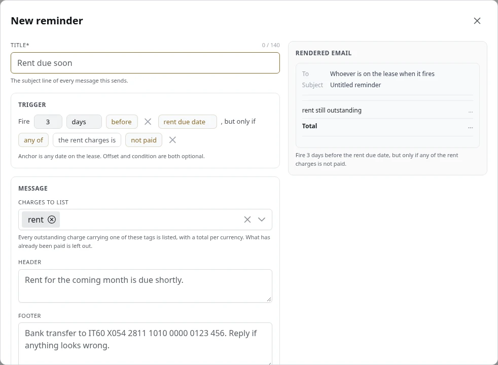 A new reminder template, with the email preview.