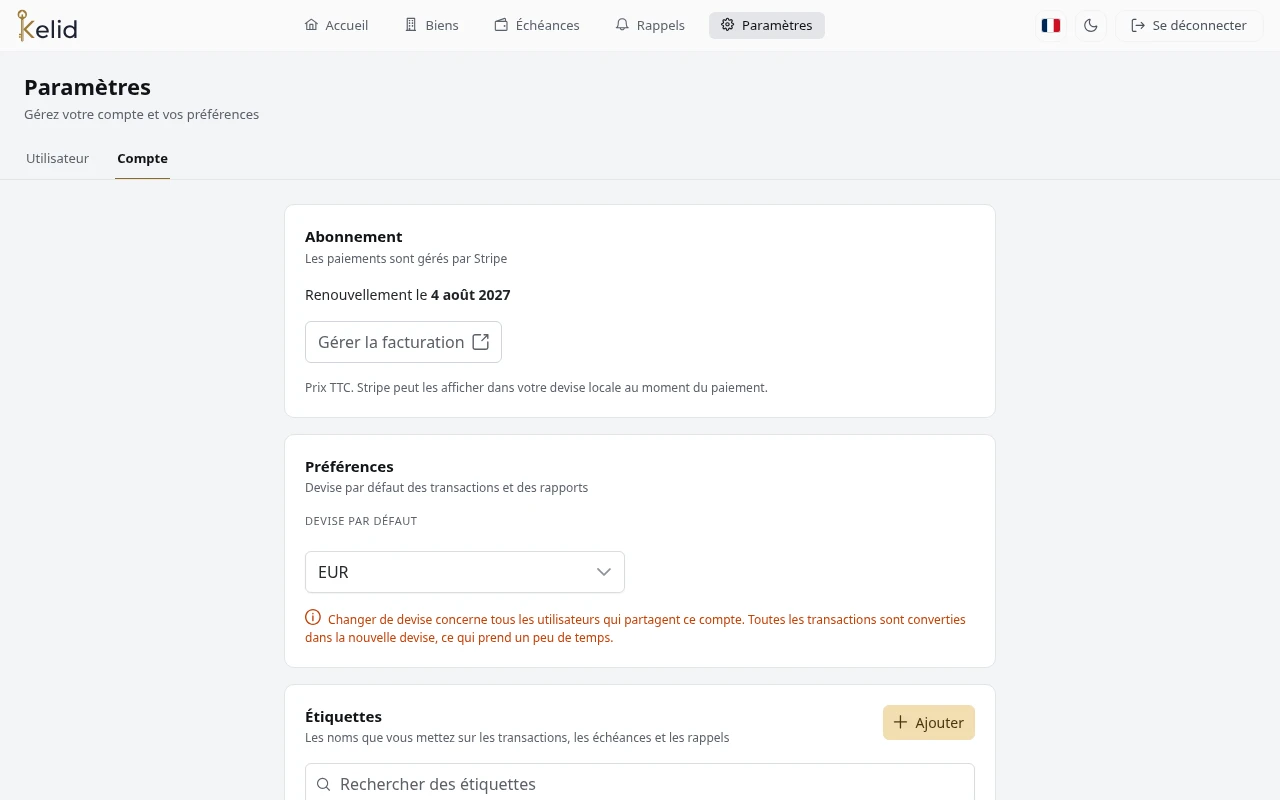 Réglages du compte : abonnement, devise, étiquettes, étiquettes de documents et utilisateurs.