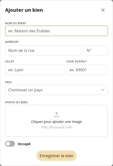 Le formulaire d’un nouveau bien.