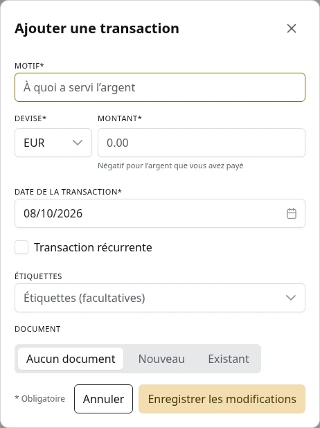 Le formulaire d’une nouvelle transaction.