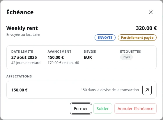 Une échéance avec ses imputations.