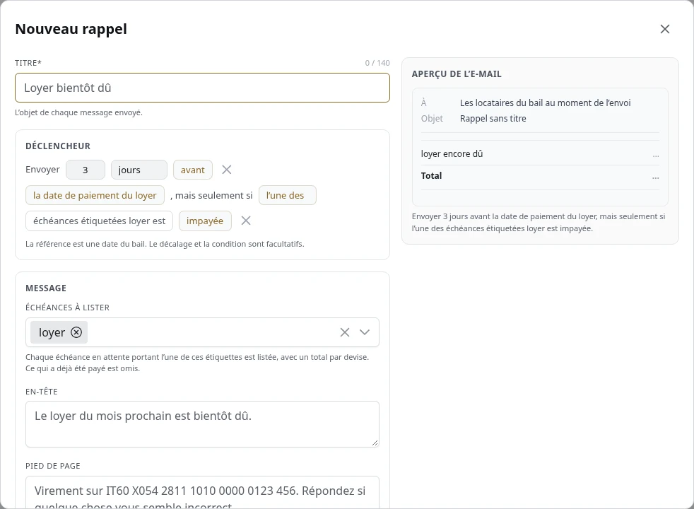 Un nouveau modèle de rappel, avec l’aperçu de l’e-mail.