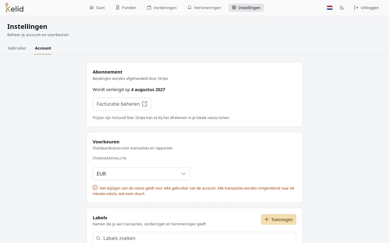 Accountinstellingen: abonnement, munt, labels, documentlabels en gebruikers.