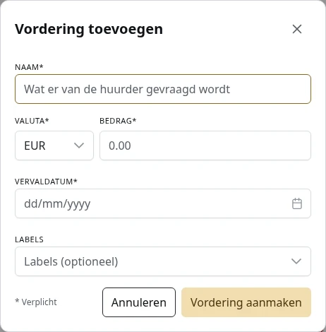 Het formulier voor een nieuwe vordering.