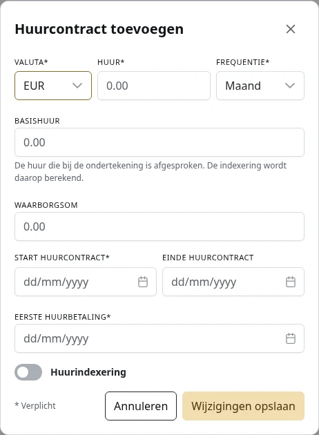 Het formulier voor een nieuw huurcontract.