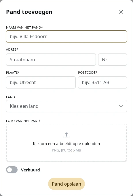 Het formulier voor een nieuw pand.