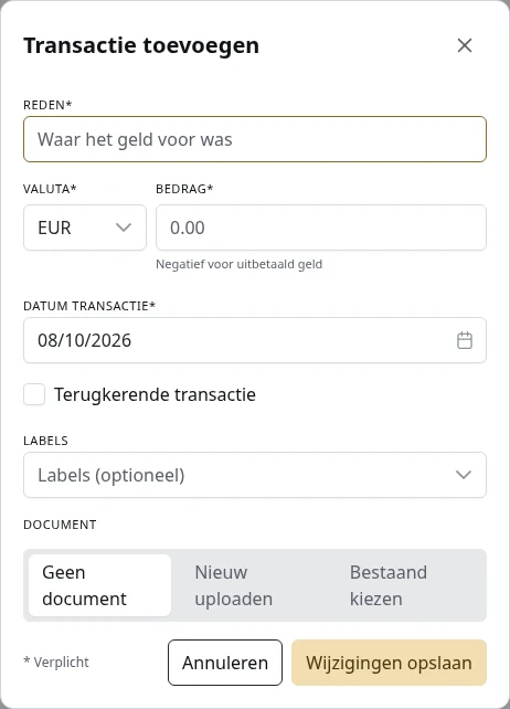Het formulier voor een nieuwe transactie.