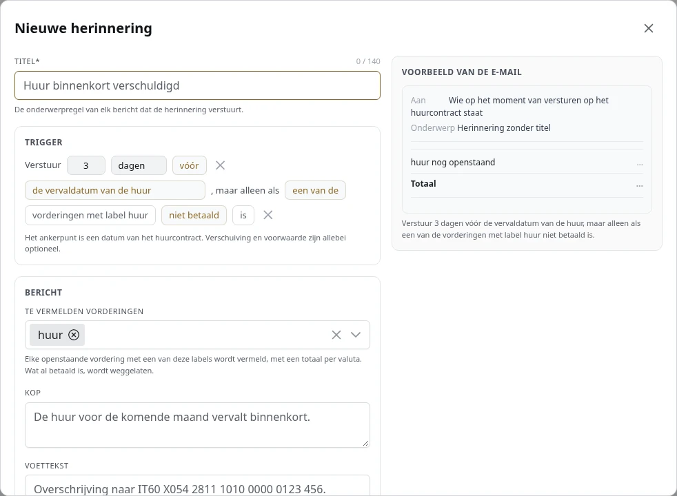 Een nieuw herinneringssjabloon, met het voorbeeld van de e-mail.