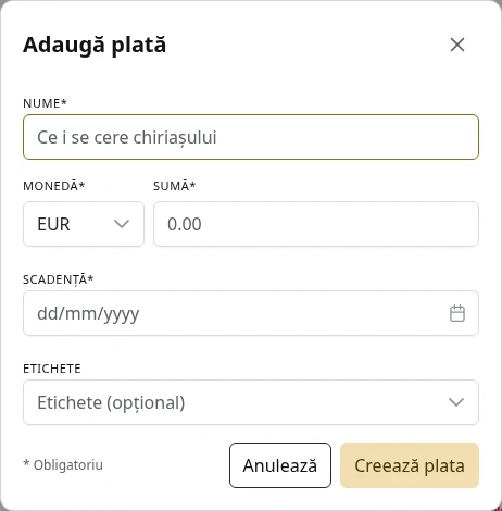 Formularul pentru o plată nouă.