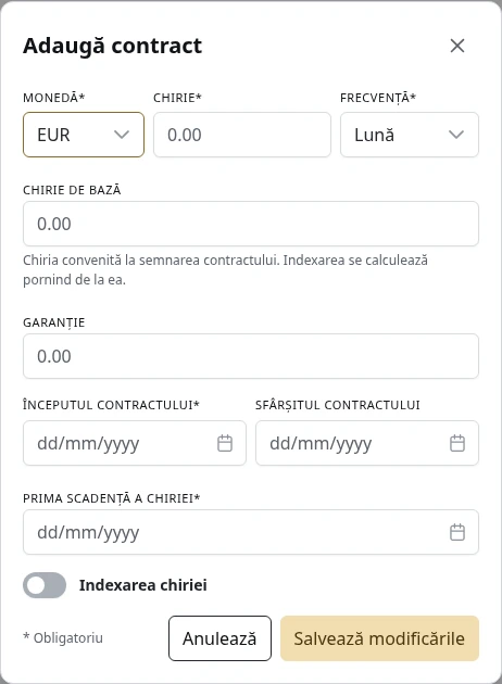 Formularul pentru un contract nou.