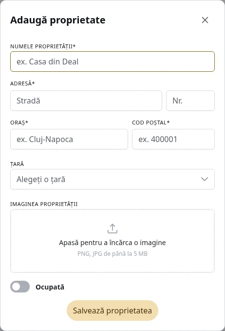 Formularul pentru o proprietate nouă.
