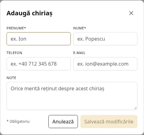 Adăugarea unui chiriaș.
