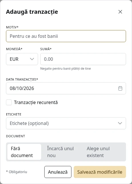Formularul pentru o tranzacție nouă.