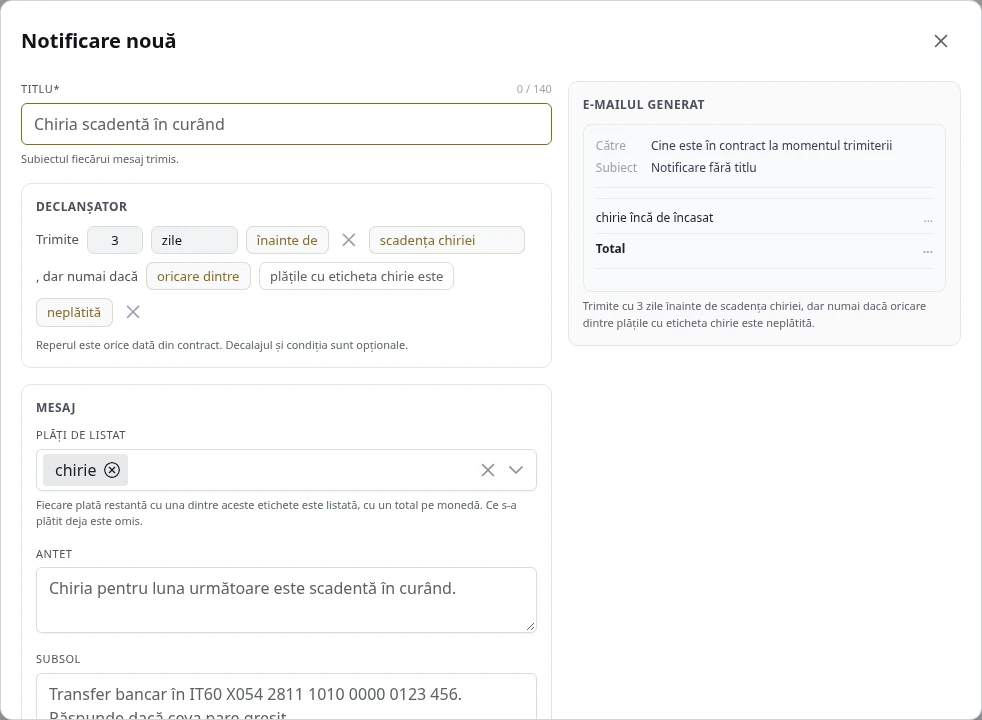 Un șablon nou de notificare, cu previzualizarea e-mailului.